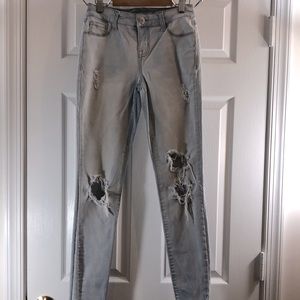 Light blue denim skinny leg, distressed jeans